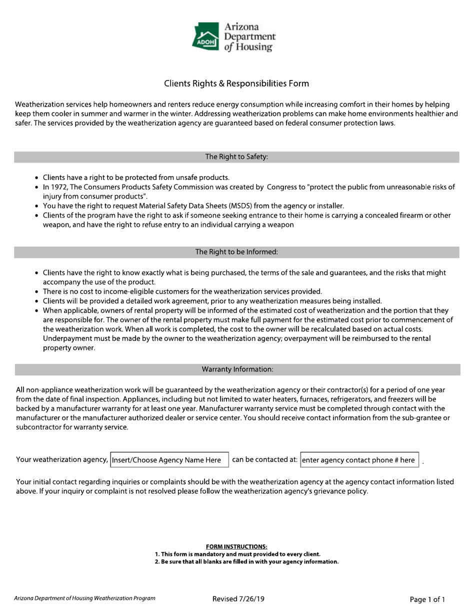 Clients Rights  Responsibilities Form - Arizona, Page 1