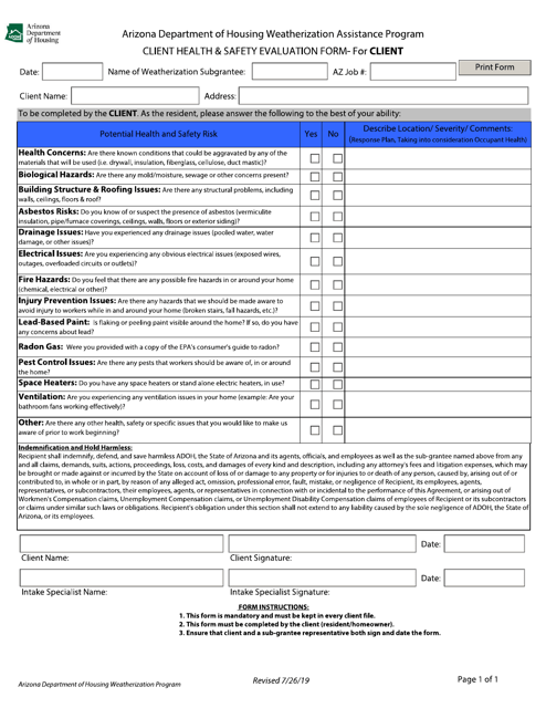 Client Health & Safety Evaluation Form - for Client - Arizona Download Pdf