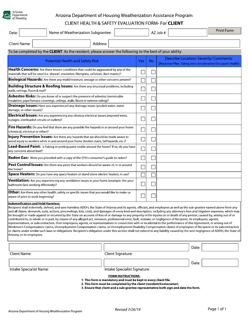 Client Health  Safety Evaluation Form - for Client - Arizona, Page 1