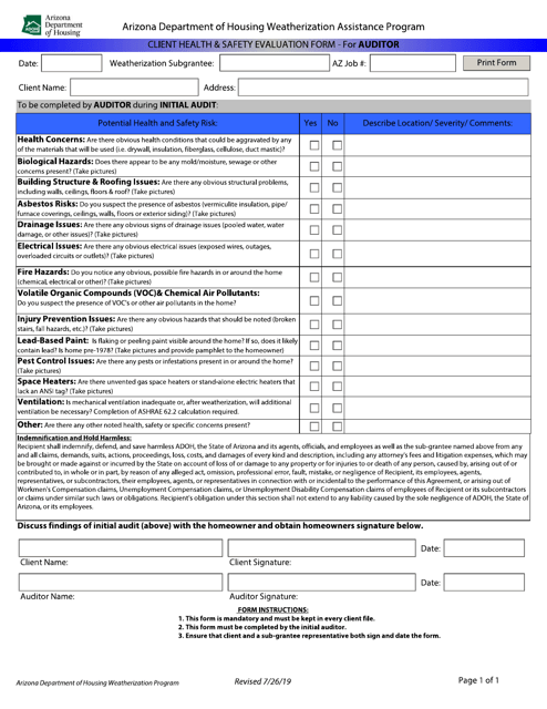 Client Health & Safety Evaluation Form - for Auditor - Arizona Download Pdf