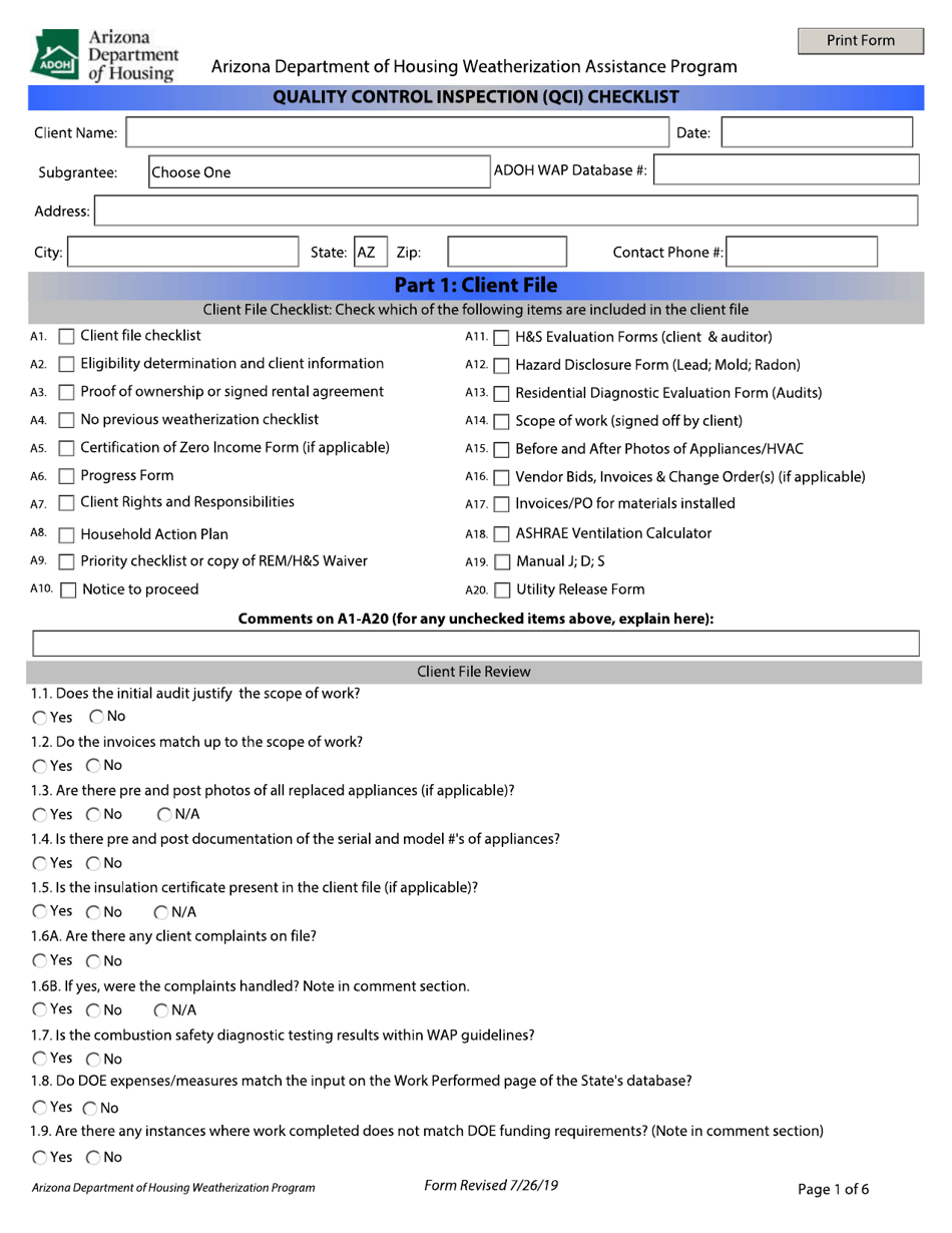 Quality Control Inspection (Qci) Checklist - Arizona, Page 1