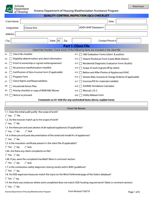 Quality Control Inspection (Qci) Checklist - Arizona Download Pdf