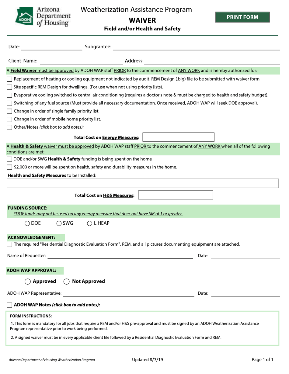 Waiver - Arizona, Page 1