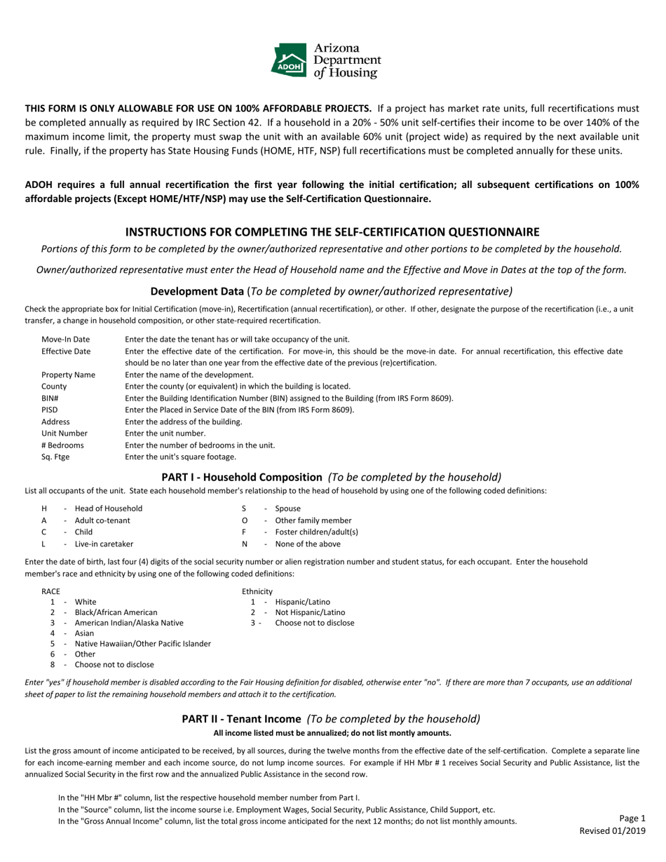 Instructions for Self-certification Questionnaire - Arizona, Page 1