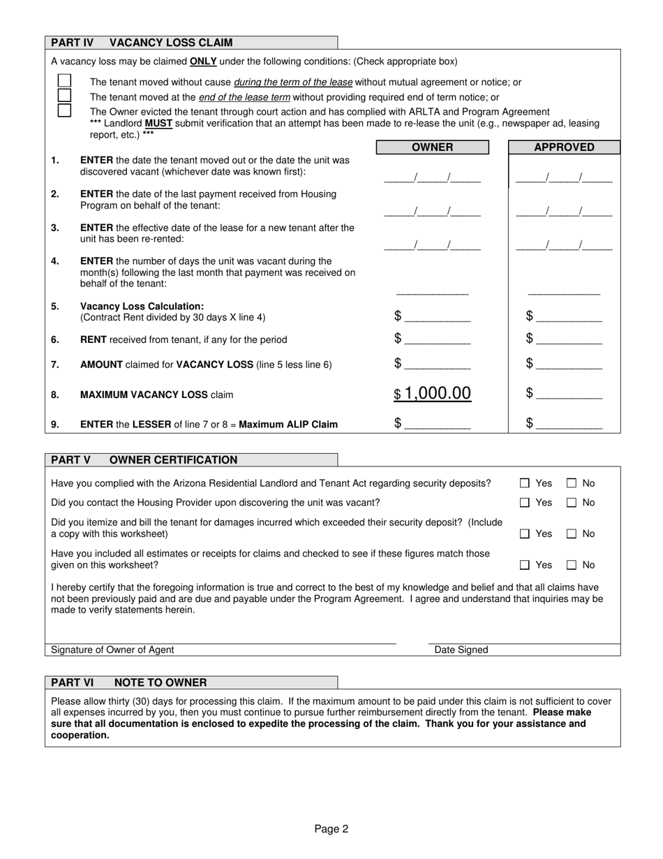 Arizona Landlord Incentive Program (Alip) Security Deposit Disposition  Program Fund Request - Arizona, Page 2