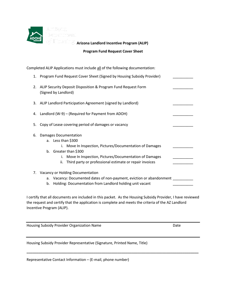 Alip Program Fund Request Cover Sheet - Arizona, Page 1