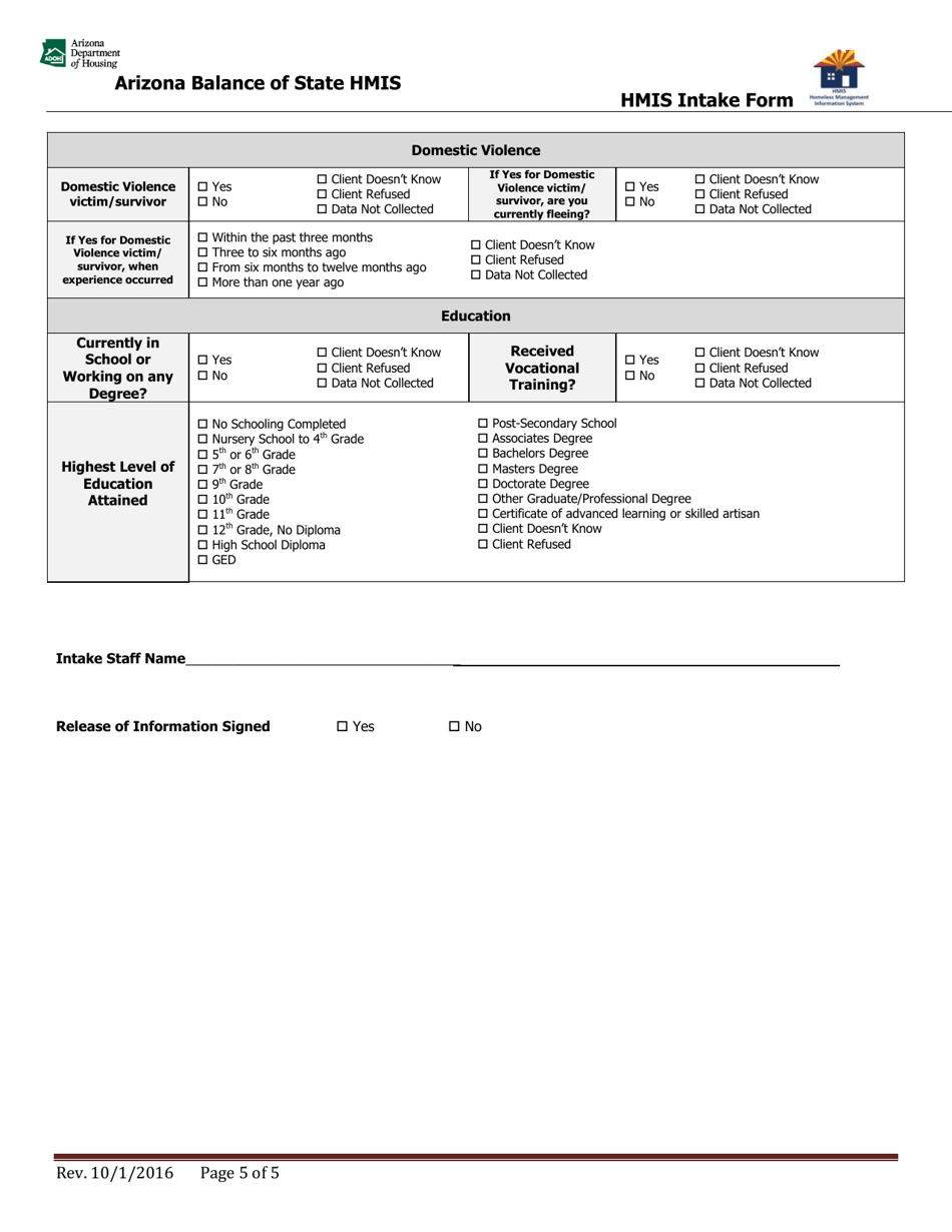 Attachment 0A Hmis Intake Form - Arizona, Page 5