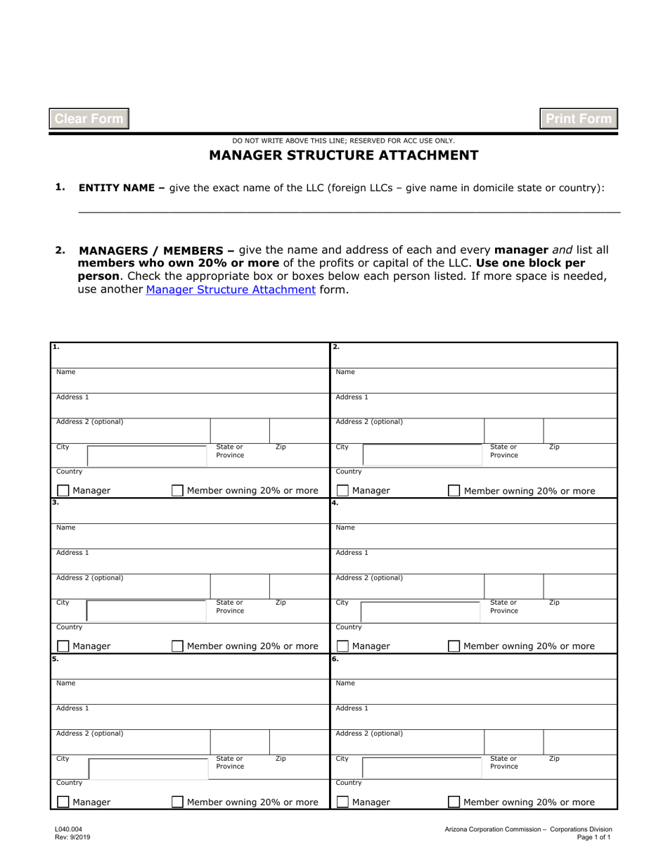 Form L040 Manager Structure Attachment - Arizona, Page 1