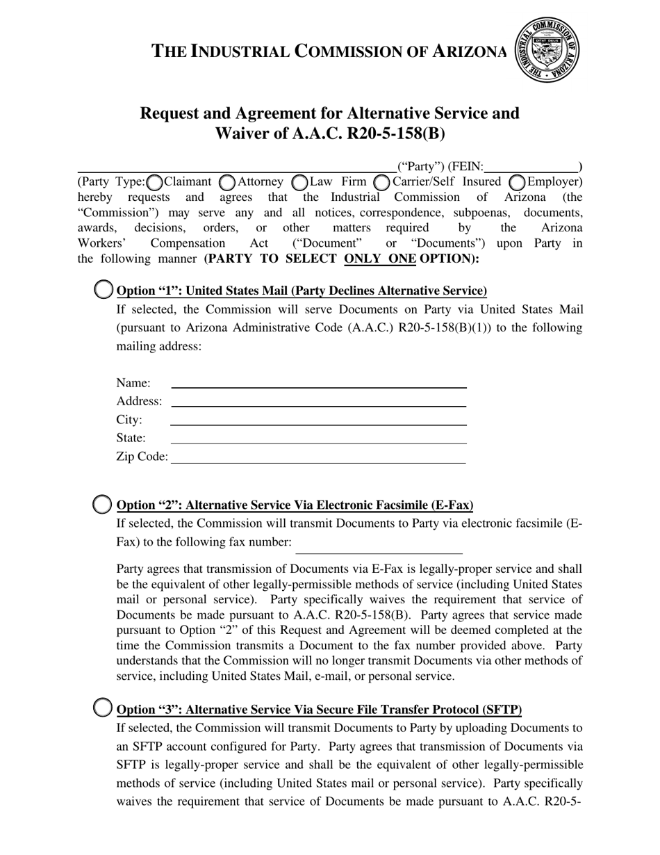 Request and Agreement for Alternative Service and Waiver of a.a.c. R20-5-158(B) - Arizona, Page 1