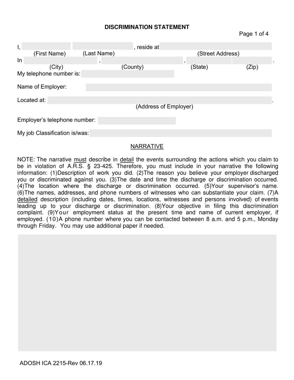 Form ADOSH ICA2215 Discrimination Statement - Arizona, Page 1
