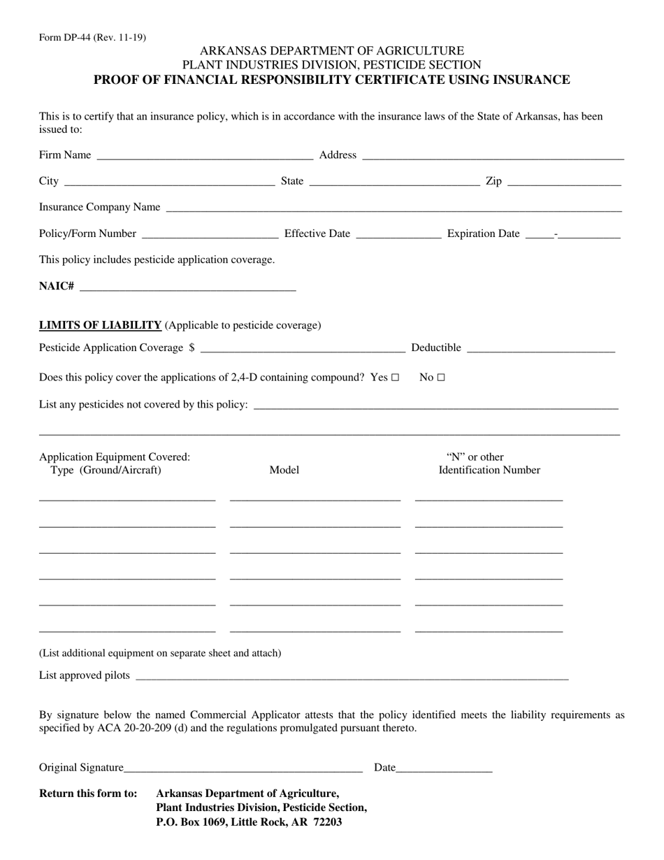 Form DP-44 Proof of Financial Responsibility Certificate Using Insurance - Arkansas, Page 1