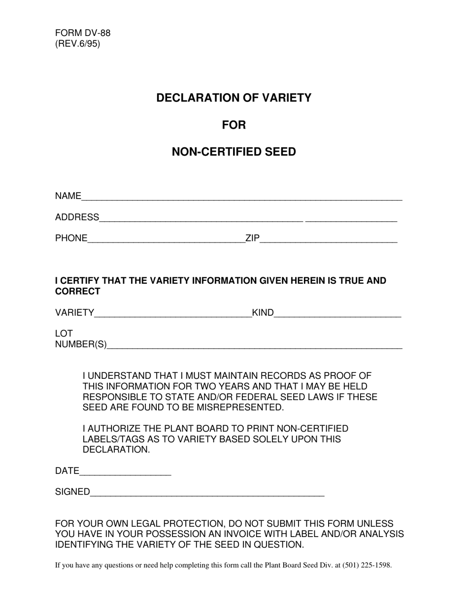 Form DV-88 Declaration of Variety for Non-certified Seed - Arkansas, Page 1
