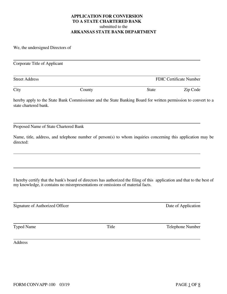 Form CONVAPP-100 Application for Conversion to a State Charted Bank - Arkansas, Page 1