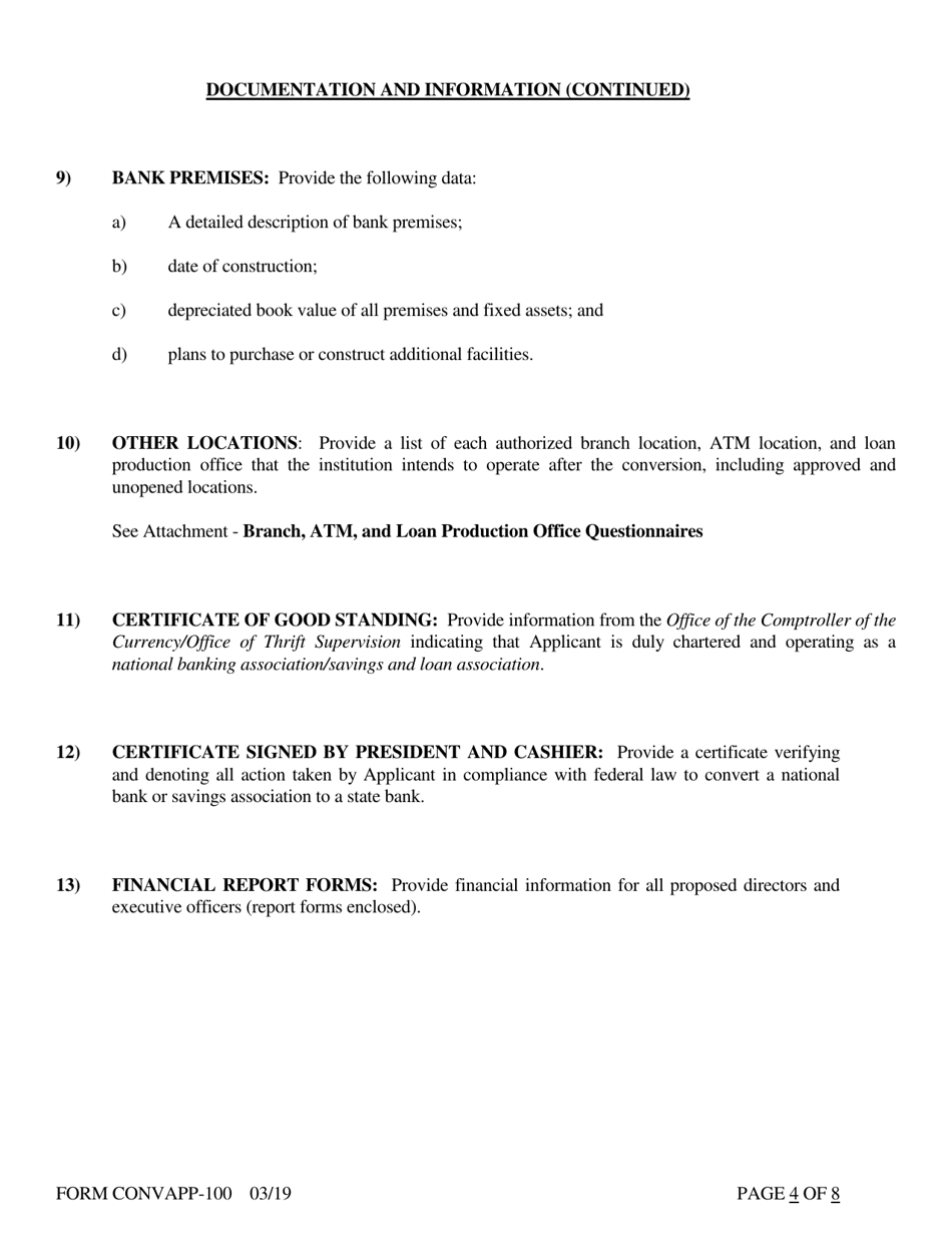 Form CONVAPP-100 Application for Conversion to a State Charted Bank - Arkansas, Page 4