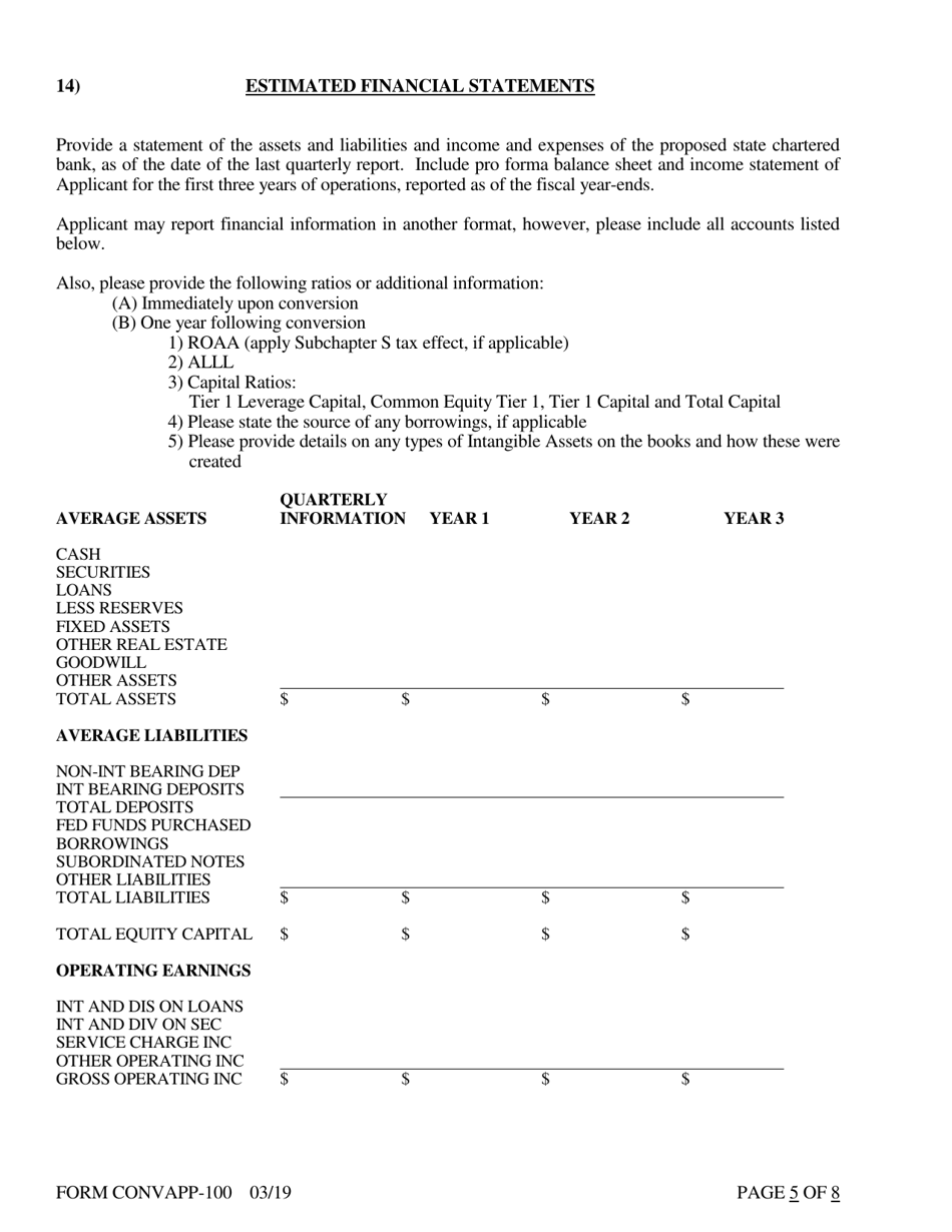 Form CONVAPP-100 Application for Conversion to a State Charted Bank - Arkansas, Page 5