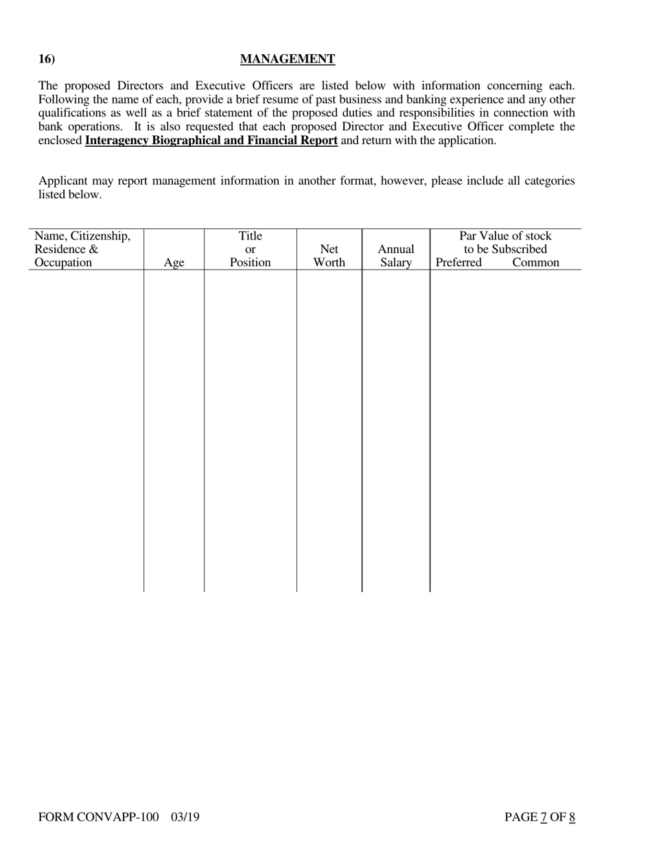 Form CONVAPP-100 Application for Conversion to a State Charted Bank - Arkansas, Page 7