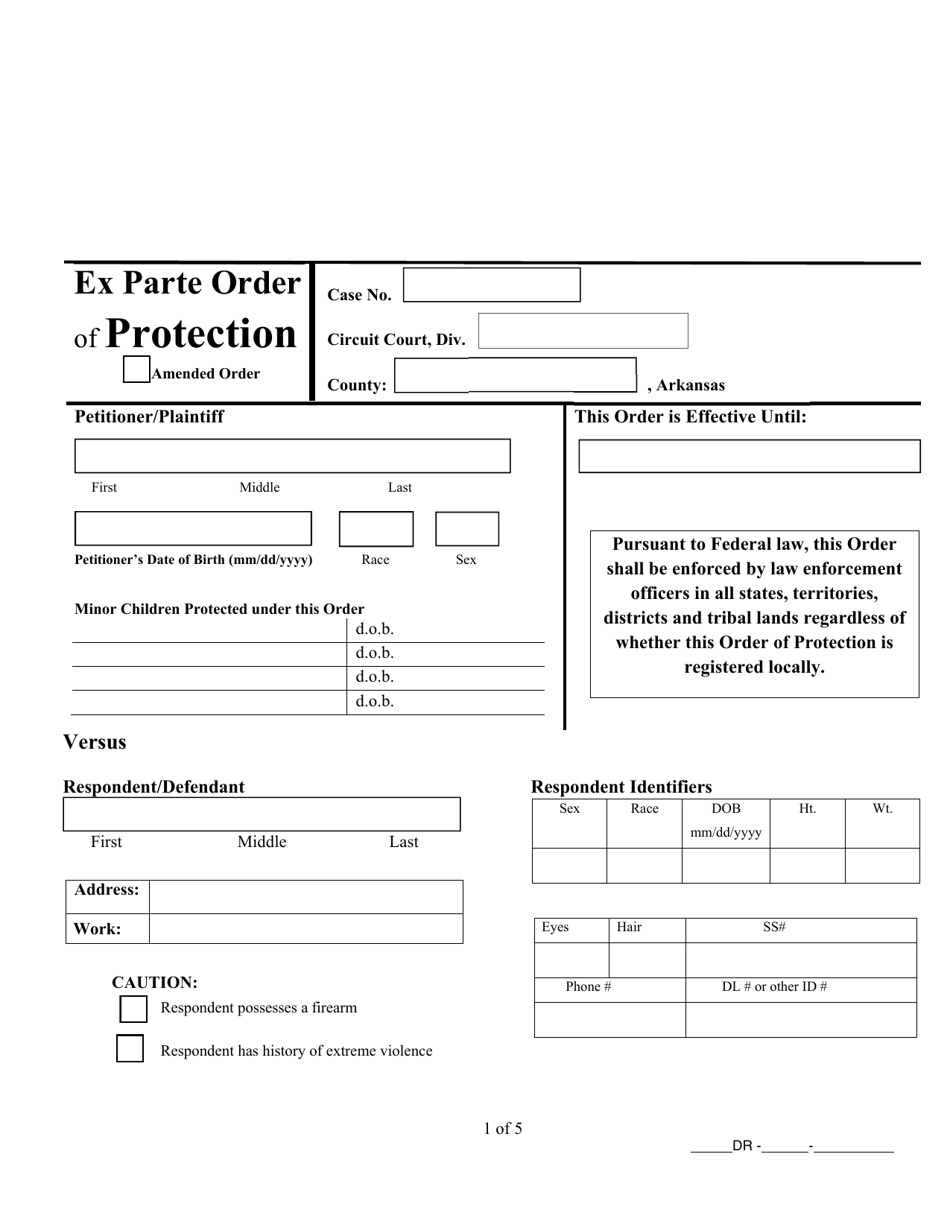 Arkansas Ex Parte Order Of Protection Download Fillable PDF 