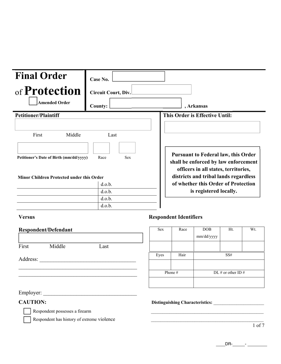 Final Order of Protection - Arkansas, Page 1