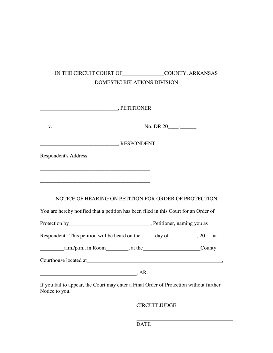 Notice of Hearing on Petition for Order of Protection - Arkansas, Page 1