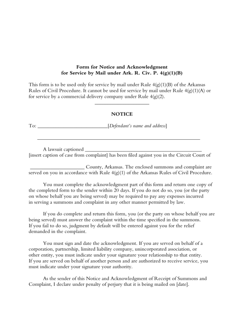 Form for Notice and Acknowledgment for Service by Mail Under Ark. R. Civ. P. 4(G)(1)(B) - Arkansas Download Pdf