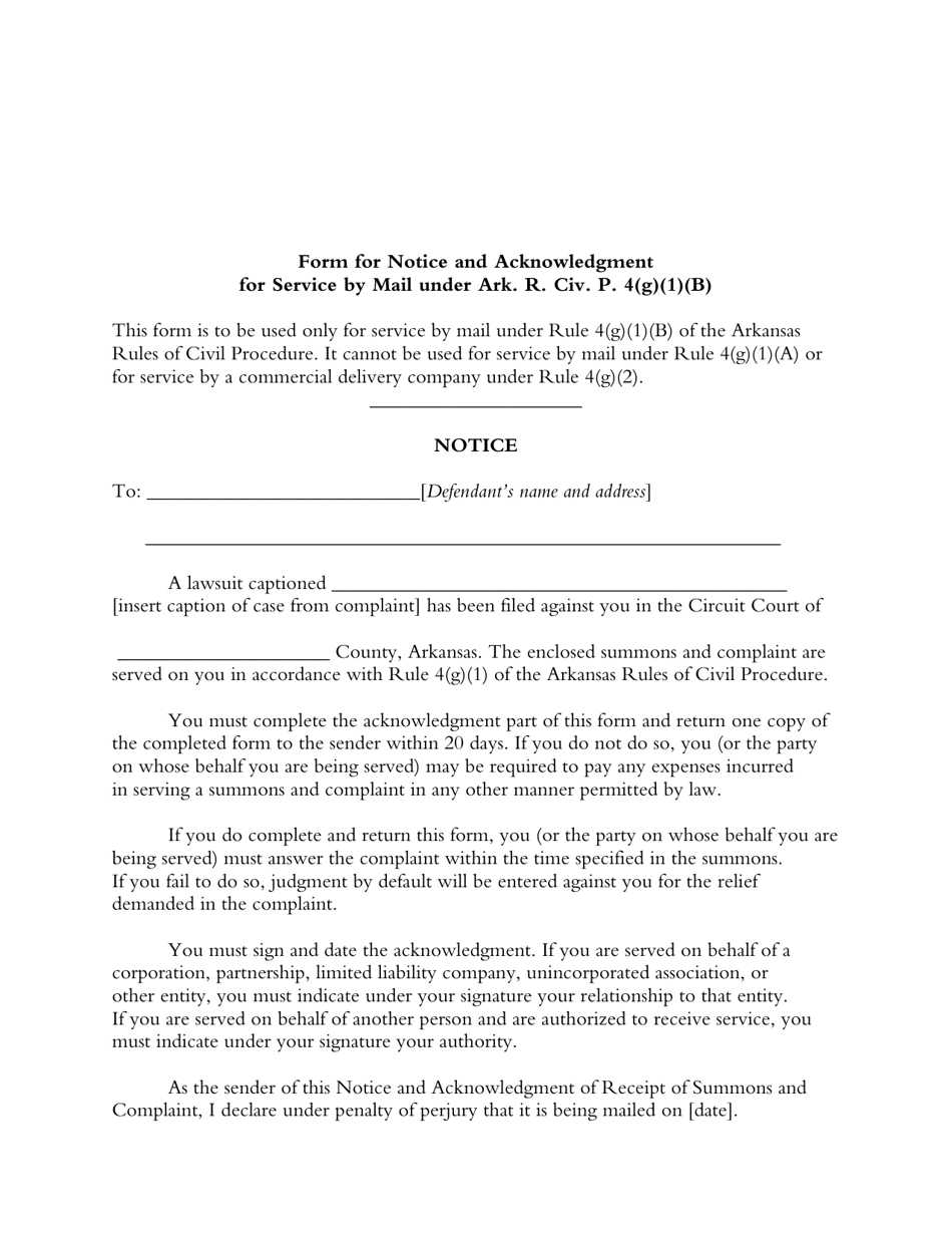 Form for Notice and Acknowledgment for Service by Mail Under Ark. R. Civ. P. 4(G)(1)(B) - Arkansas, Page 1