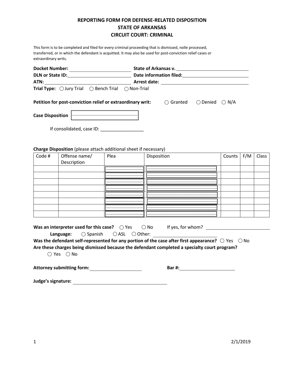 Reporting Form for Defense-Related Disposition - Arkansas, Page 1
