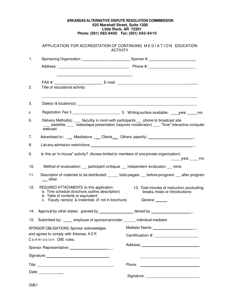Form CME1 Application for Accreditation of Continuing Mediation Education Activity - Arkansas, Page 1