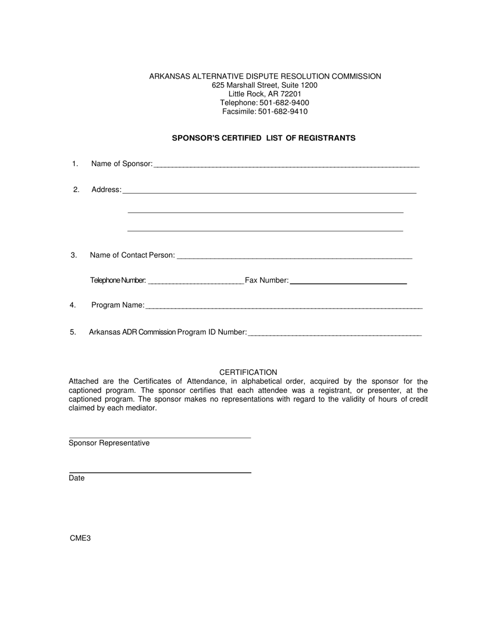 Form CME3 Sponsors Certified List of Registrants - Arkansas, Page 1