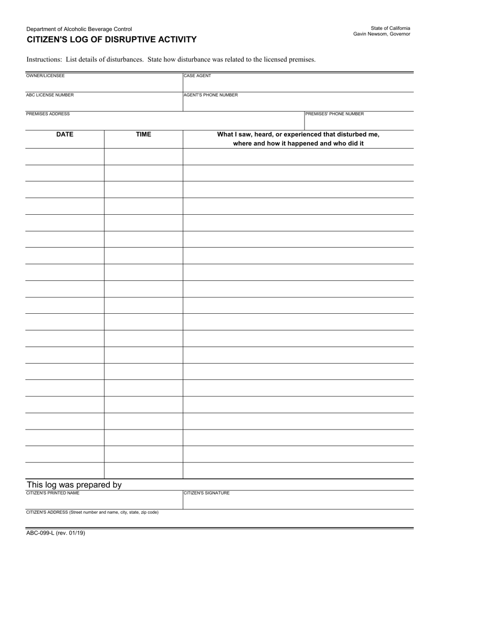 Form ABC-099-L Download Fillable PDF or Fill Online Citizen's Log of ...