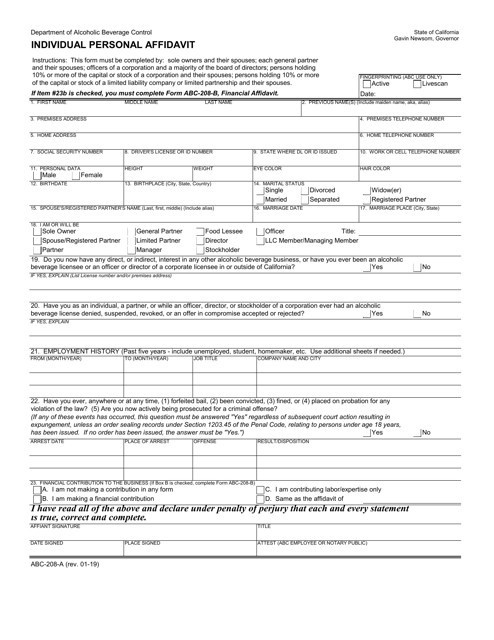 Form ABC-208-A Individual Personal Affidavit - California