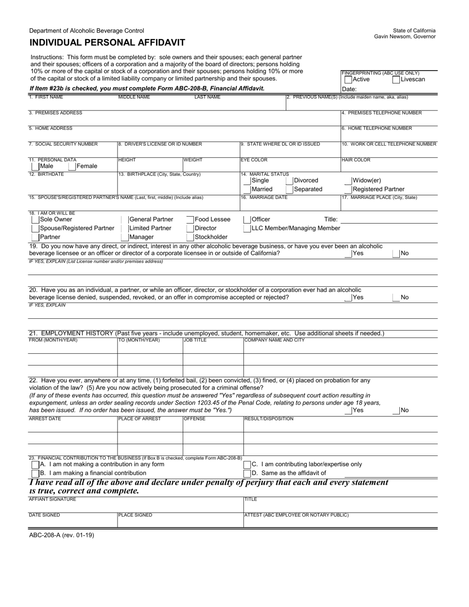 Form ABC-208-A Individual Personal Affidavit - California, Page 1