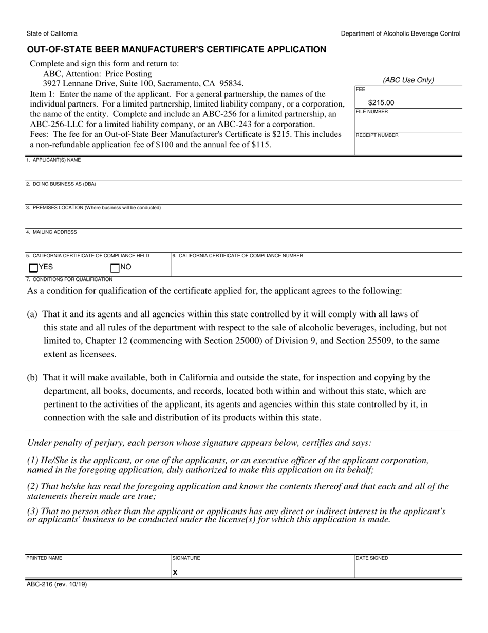 Form ABC-216 Out-of-State Beer Manufacturers Certificate Application - California, Page 1