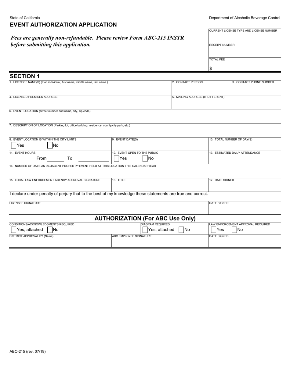 Form Abc-215 Download Fillable Pdf Or Fill Online Event Authorization 