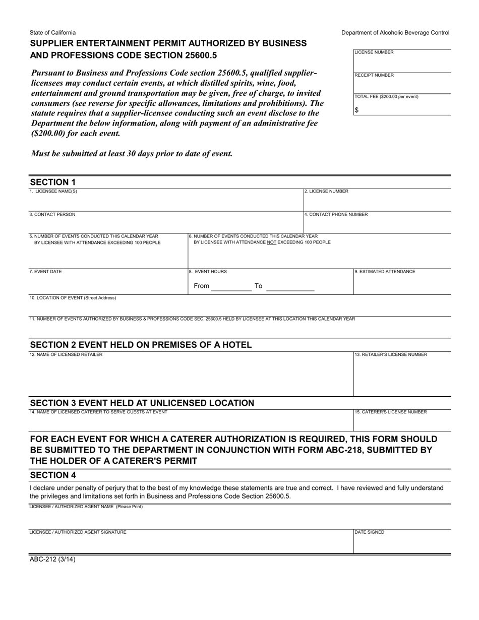 Form ABC-212 Supplier Entertainment Permit Authorized by Business and Professions Code Section 25600.5 - California, Page 1