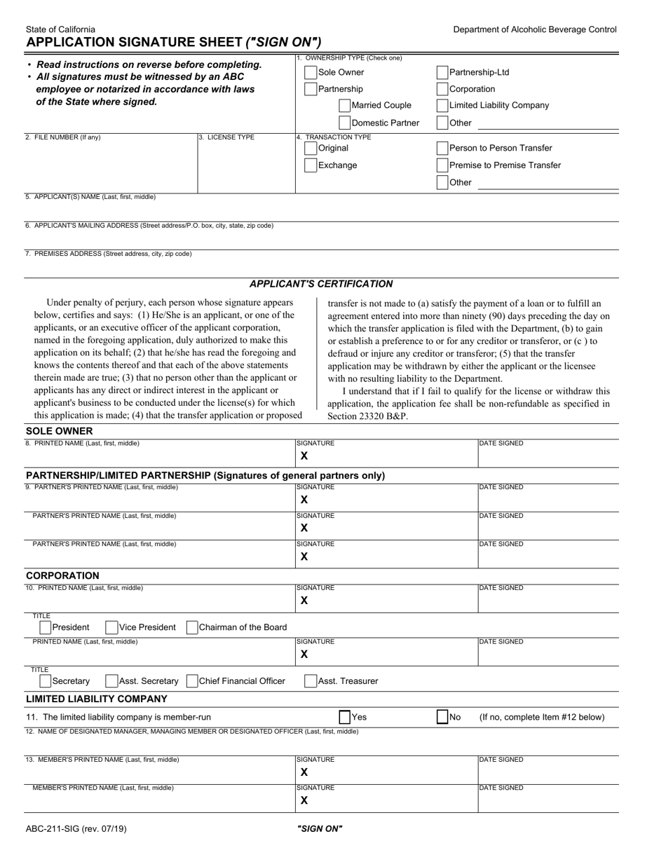 Form ABC-211-SIG Application Signature Sheet (sign on) - California, Page 1