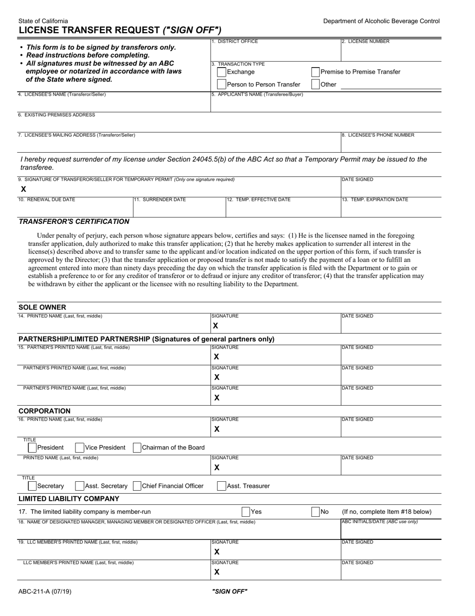 Form ABC-211-A License Transfer Request (sign off) - California, Page 1
