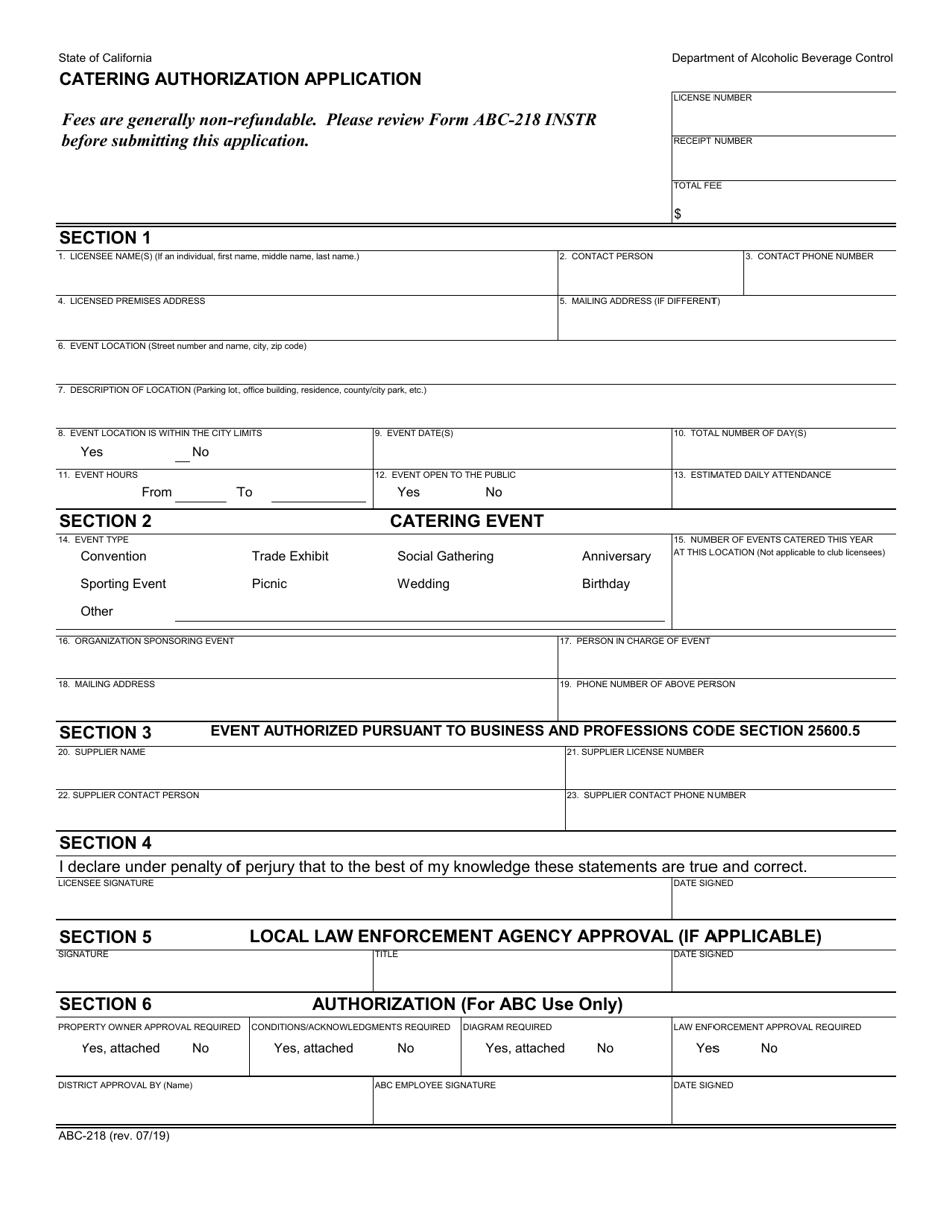 Form ABC-218 Catering Authorization Application - California, Page 1