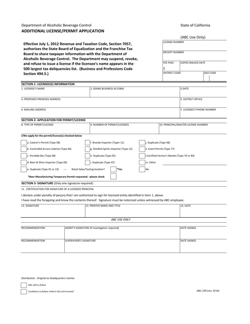 Form ABC-239 Additional License/Permit Application - California