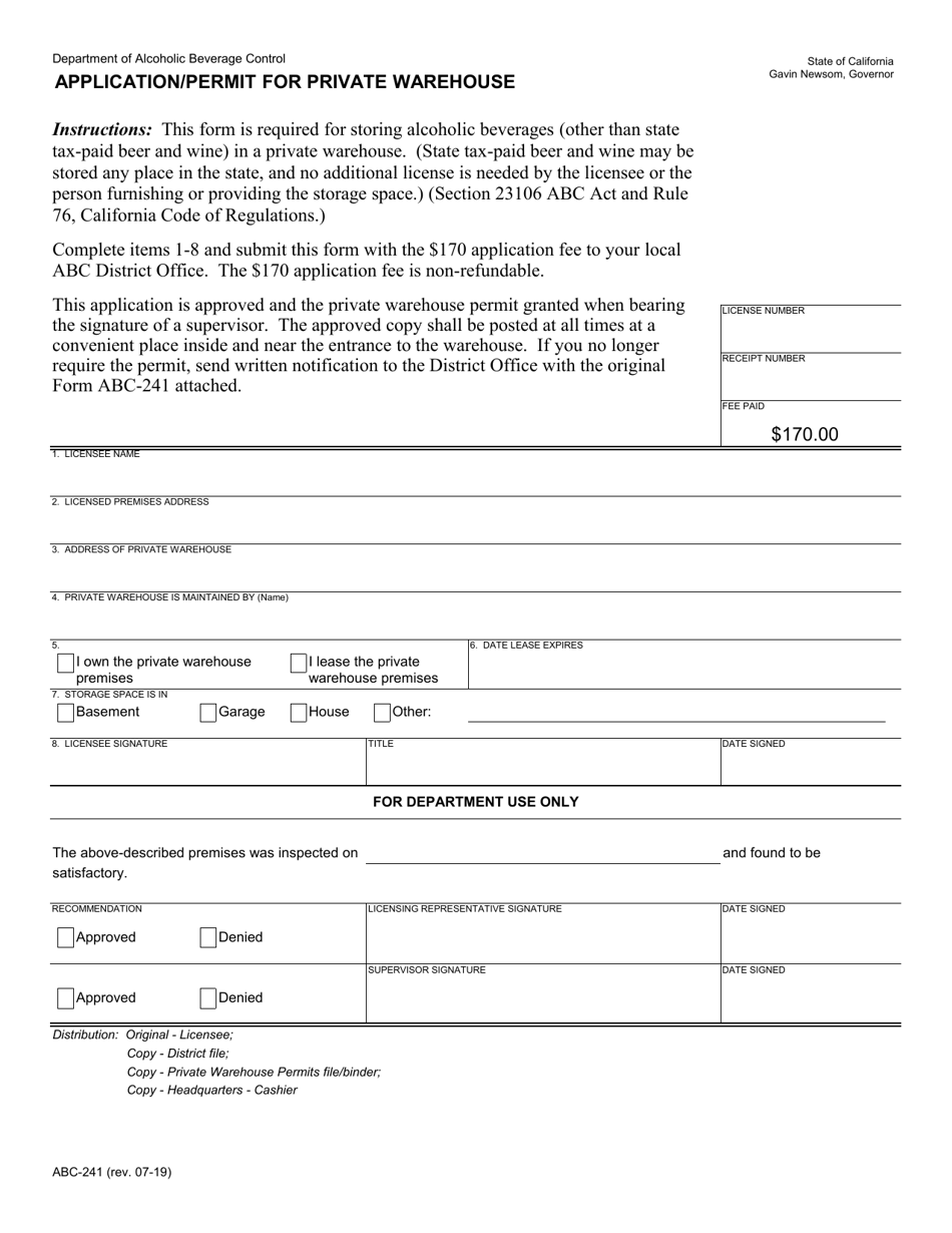 Form ABC-241 Application / Permit for Private Warehouse - California, Page 1