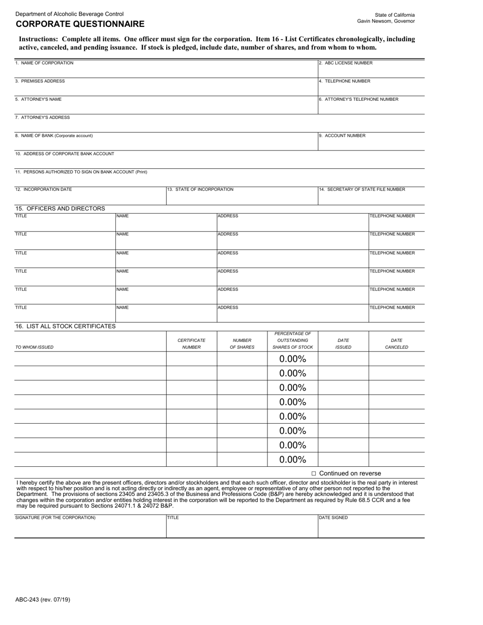 Form ABC-243 Corporate Questionnaire - California, Page 1
