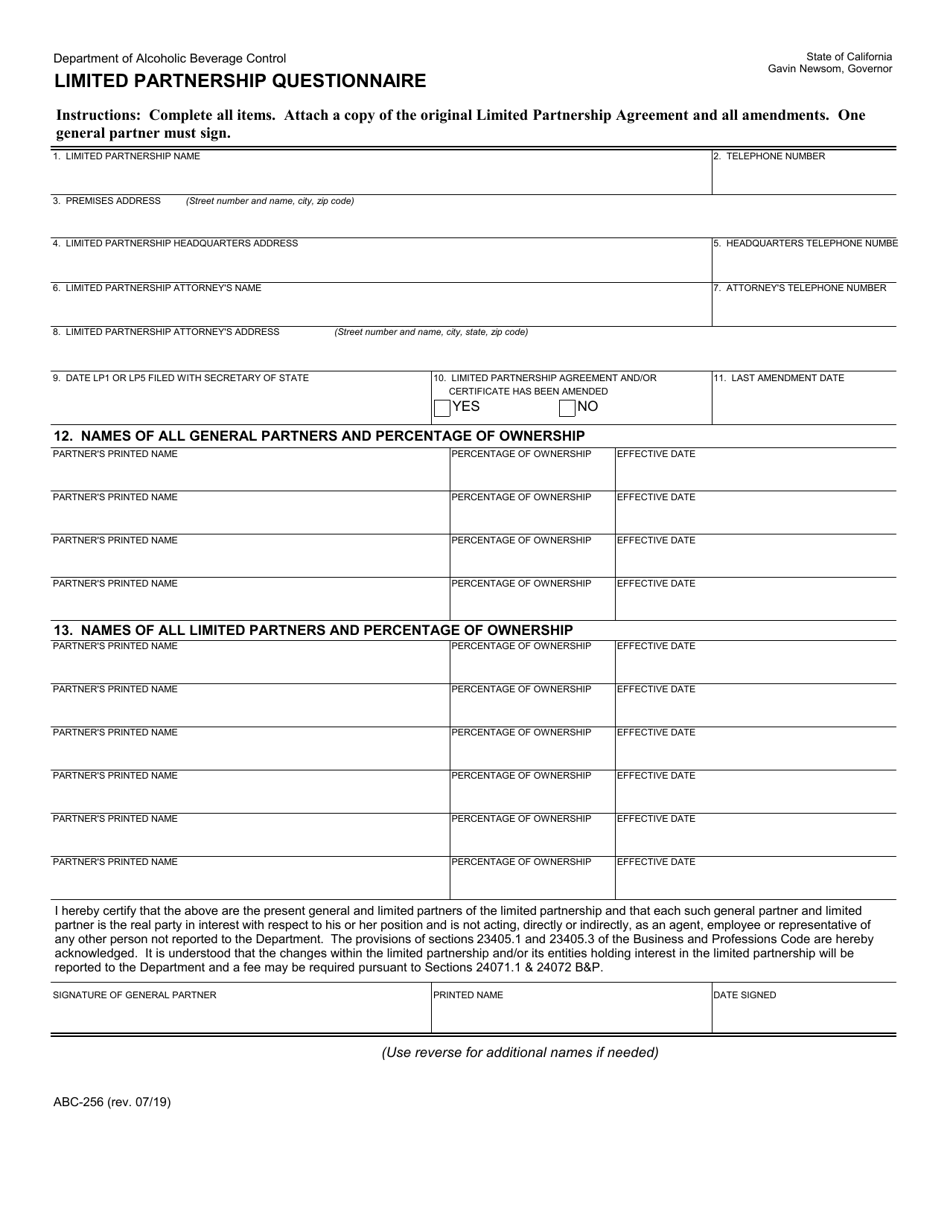 Form ABC-256 Limited Partnership Questionnaire - California, Page 1