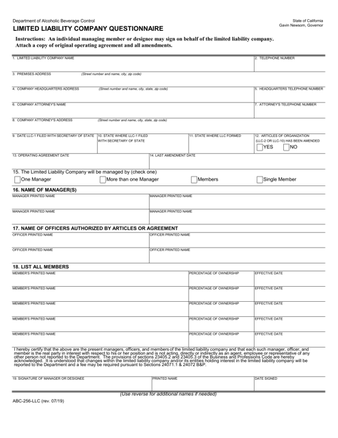 Form ABC-256-LLC Limited Liability Company Questionnaire - California