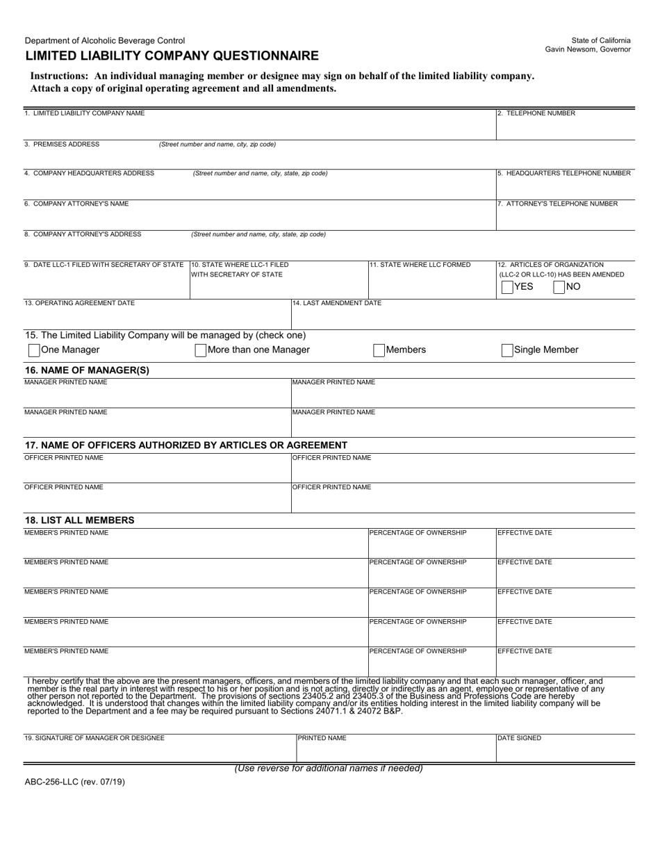 Form ABC-256-LLC Limited Liability Company Questionnaire - California, Page 1