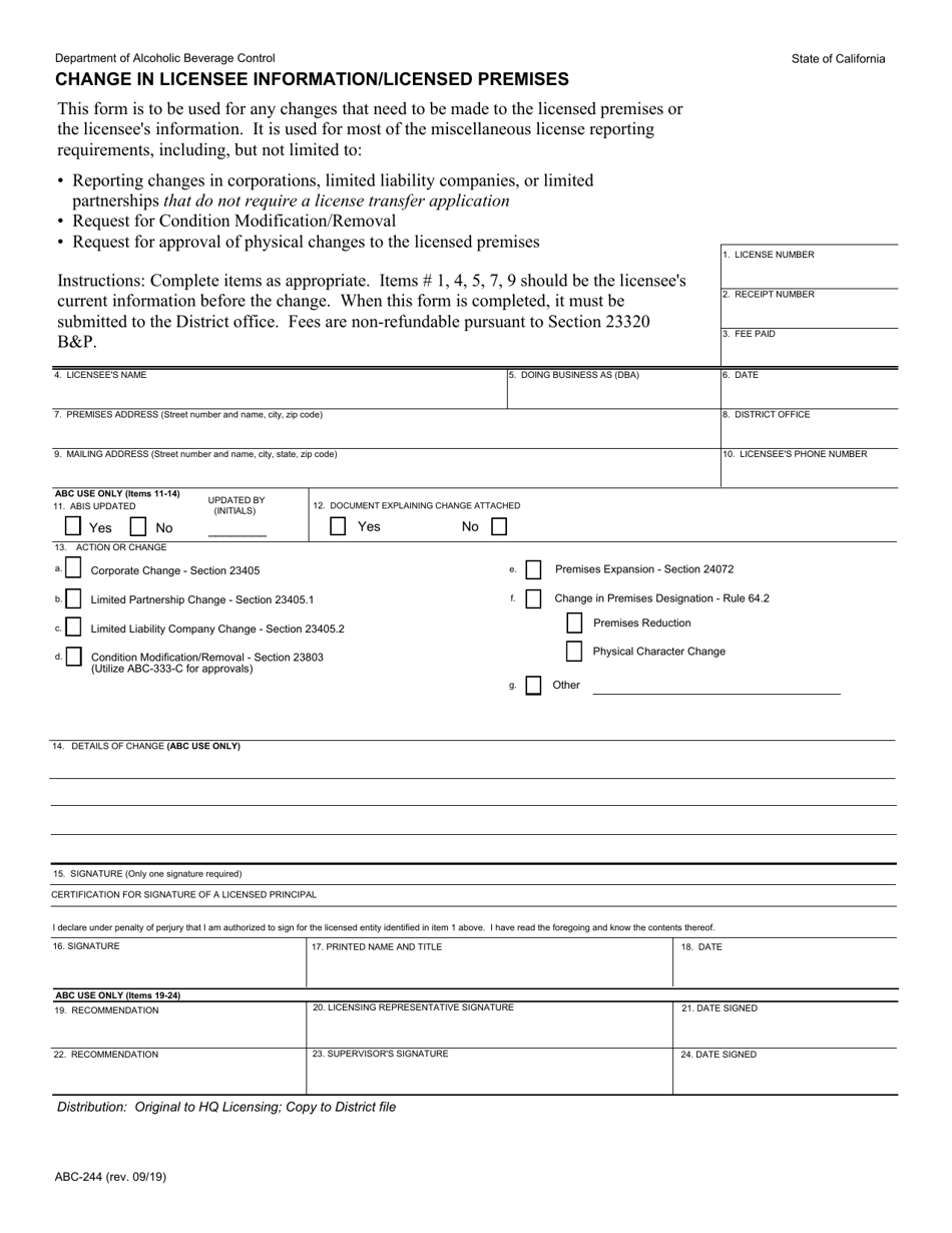 Form ABC-244 Change in Licensee Information or Licensed Premises - California, Page 1