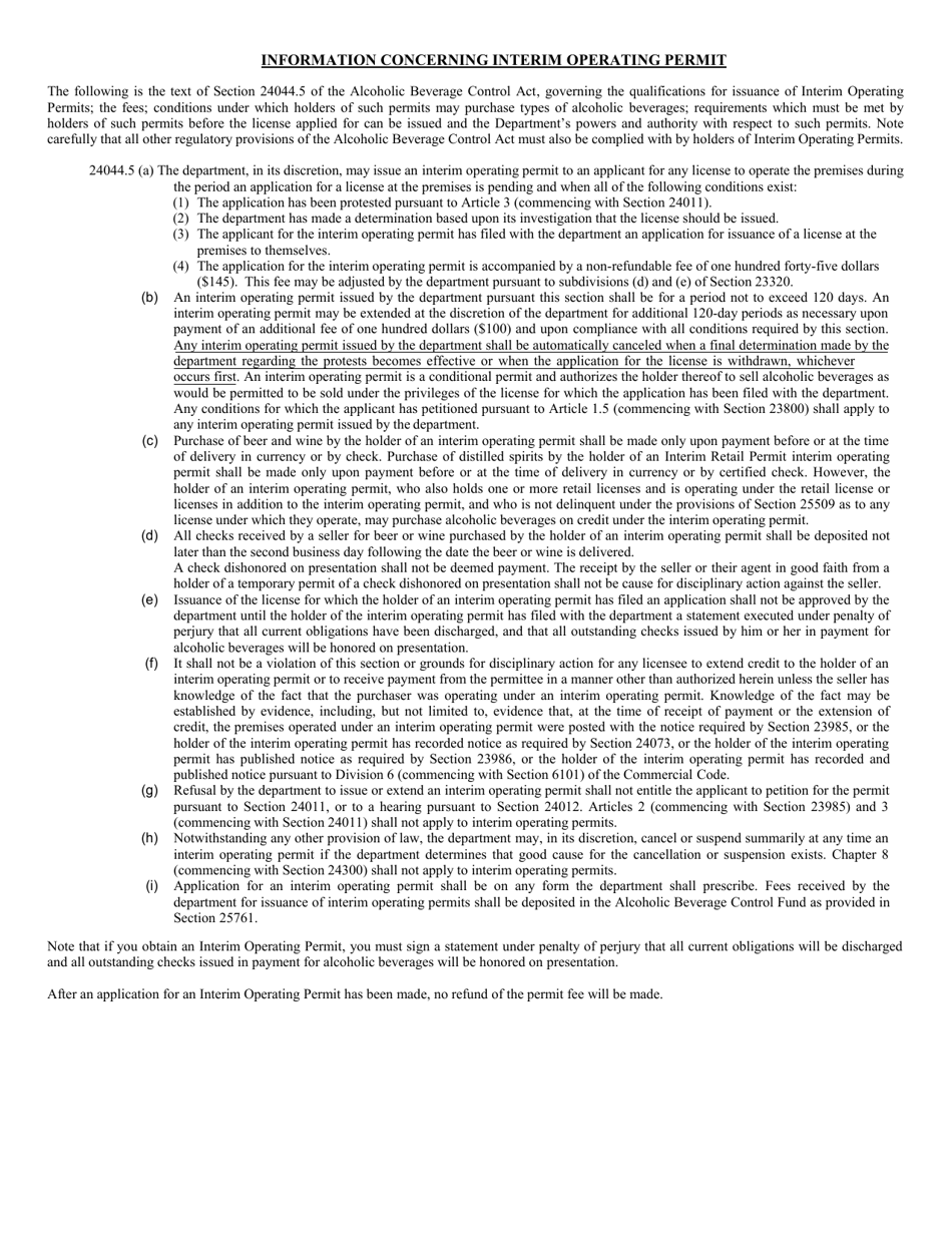 Form ABC-275 Declaration and Request for Interim Operating Permit - California, Page 1