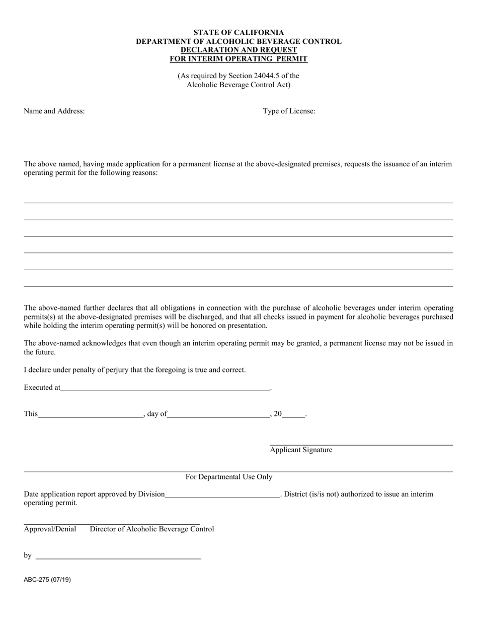Form ABC-275 Download Fillable PDF or Fill Online Declaration and ...