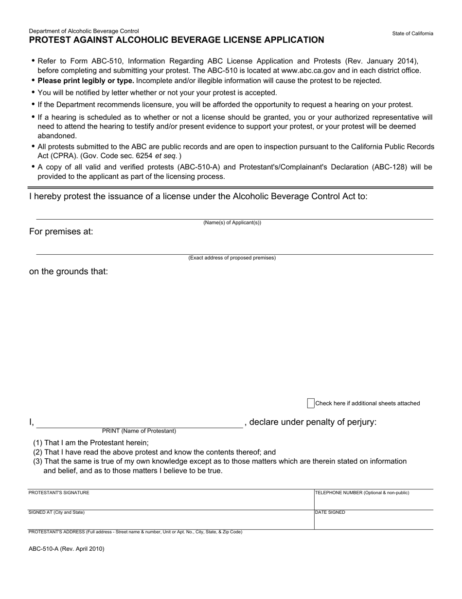 Form ABC510A Fill Out, Sign Online and Download Fillable PDF