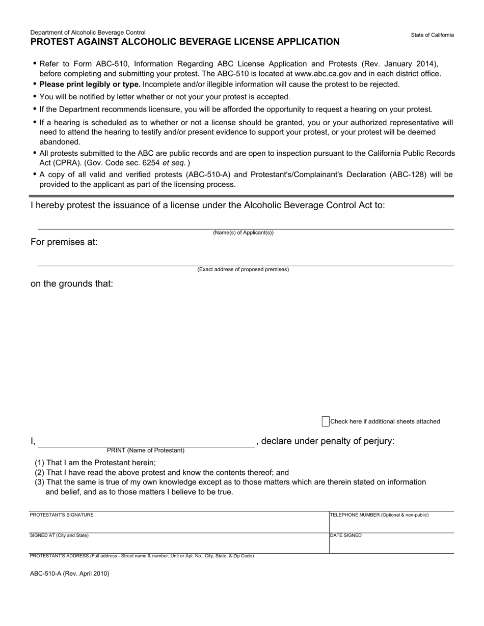 Form ABC-510-A Protest Against Alcoholic Beverage License Application - California, Page 1