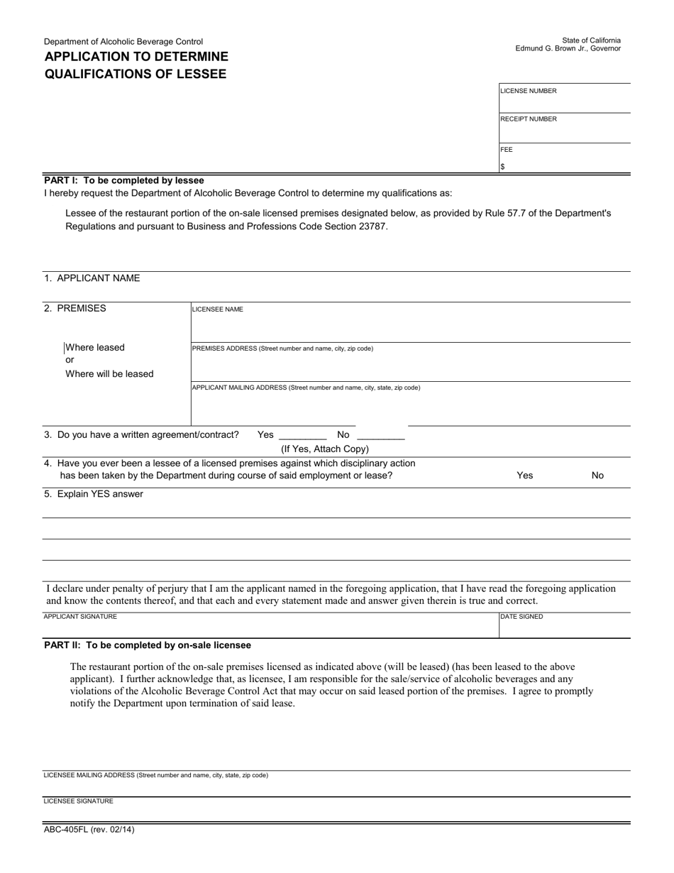 Form ABC-405FL Application to Determine Qualifications of Lessee - California, Page 1