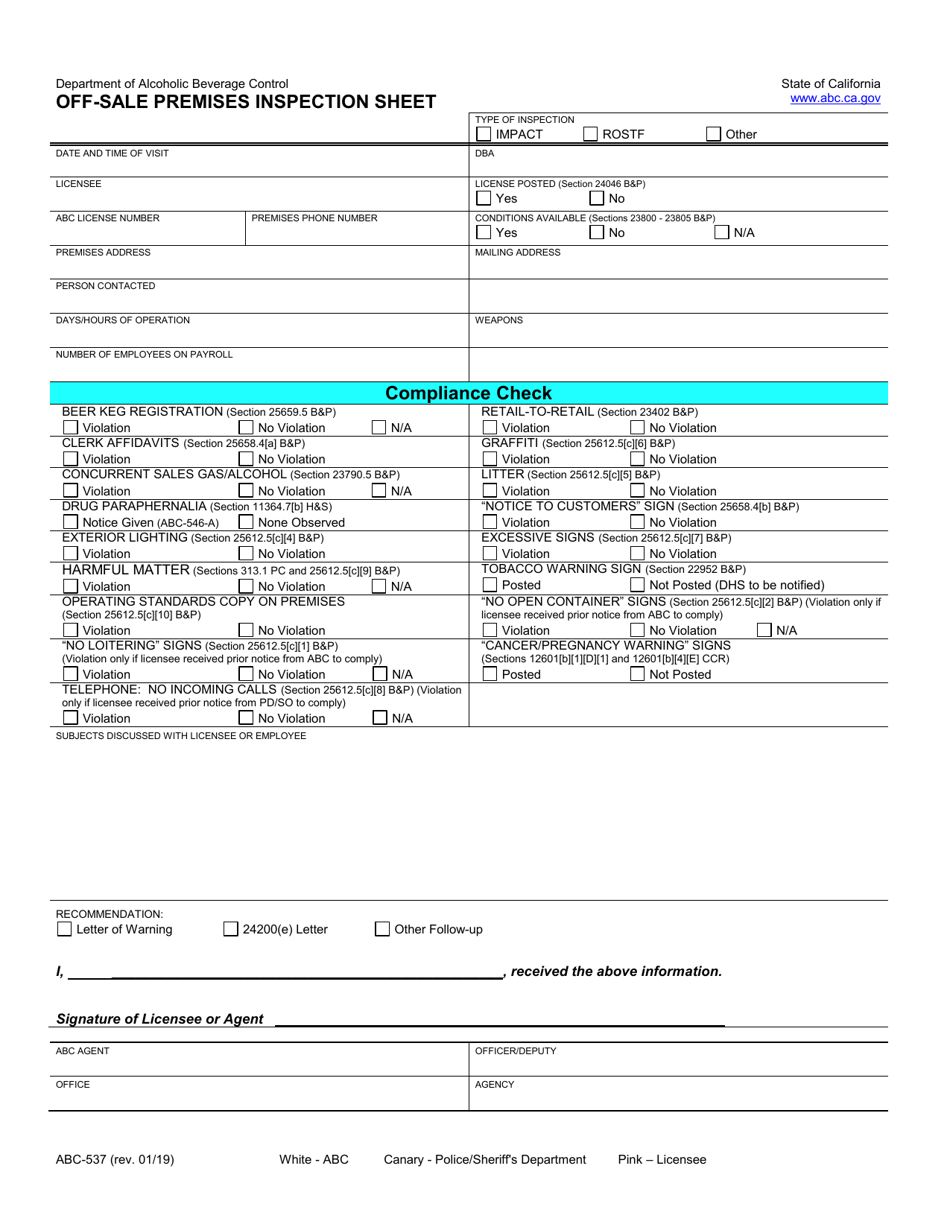 Form ABC-537 Off-Sale Premises Inspection Sheet - California, Page 1